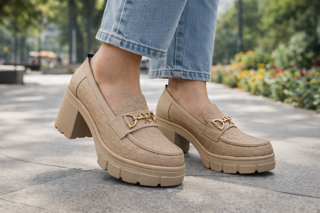 Elegant Women’s Beige Block Heel Loafers – Textured Design with Gold Hardware