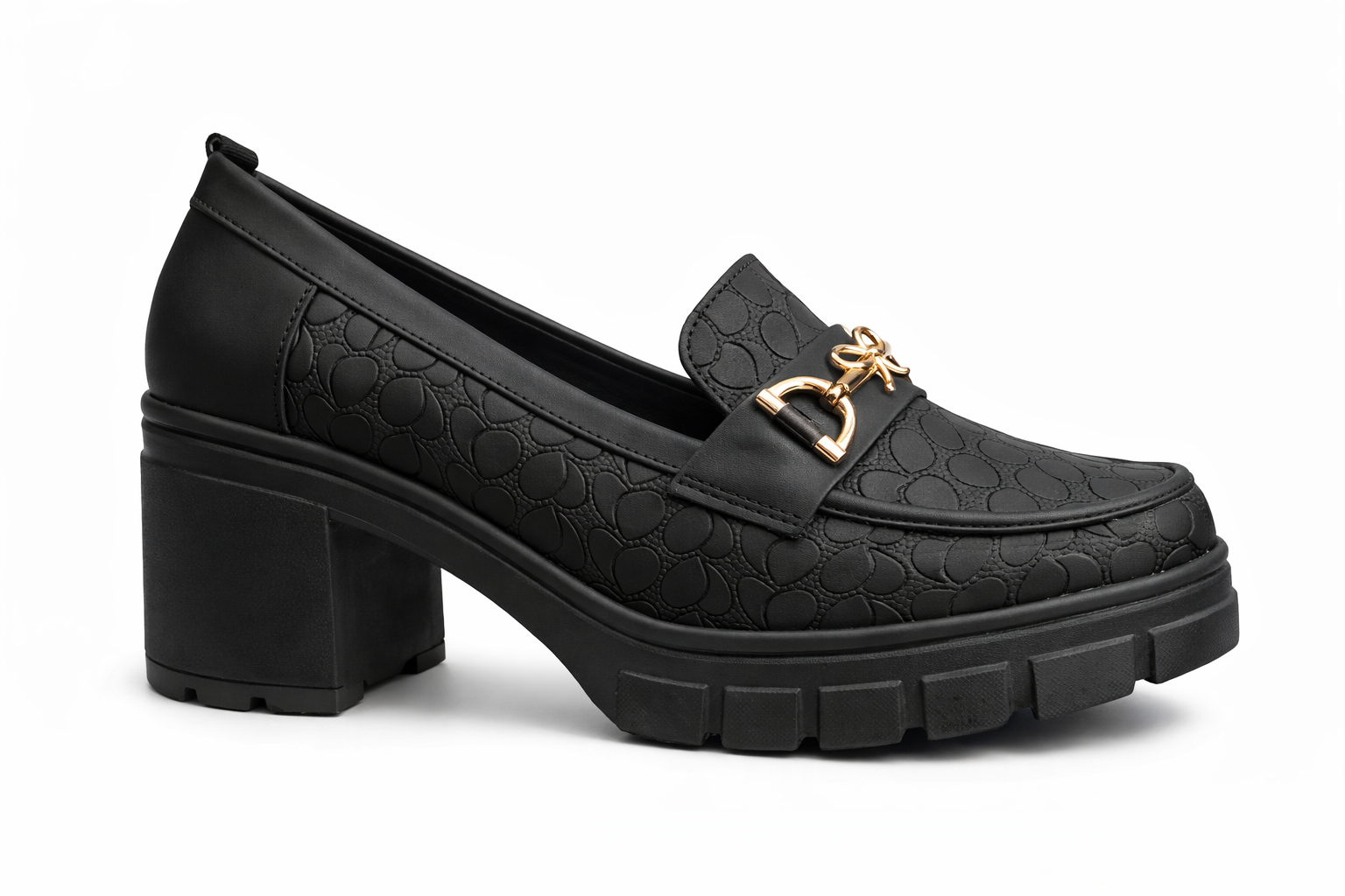 Elegant Women’s Beige Block Heel Loafers – Textured Design with Gold Hardware