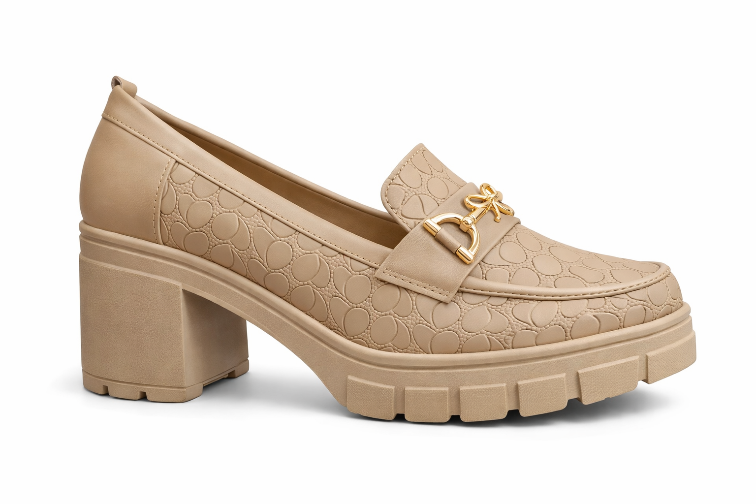 Elegant Women’s Beige Block Heel Loafers – Textured Design with Gold Hardware
