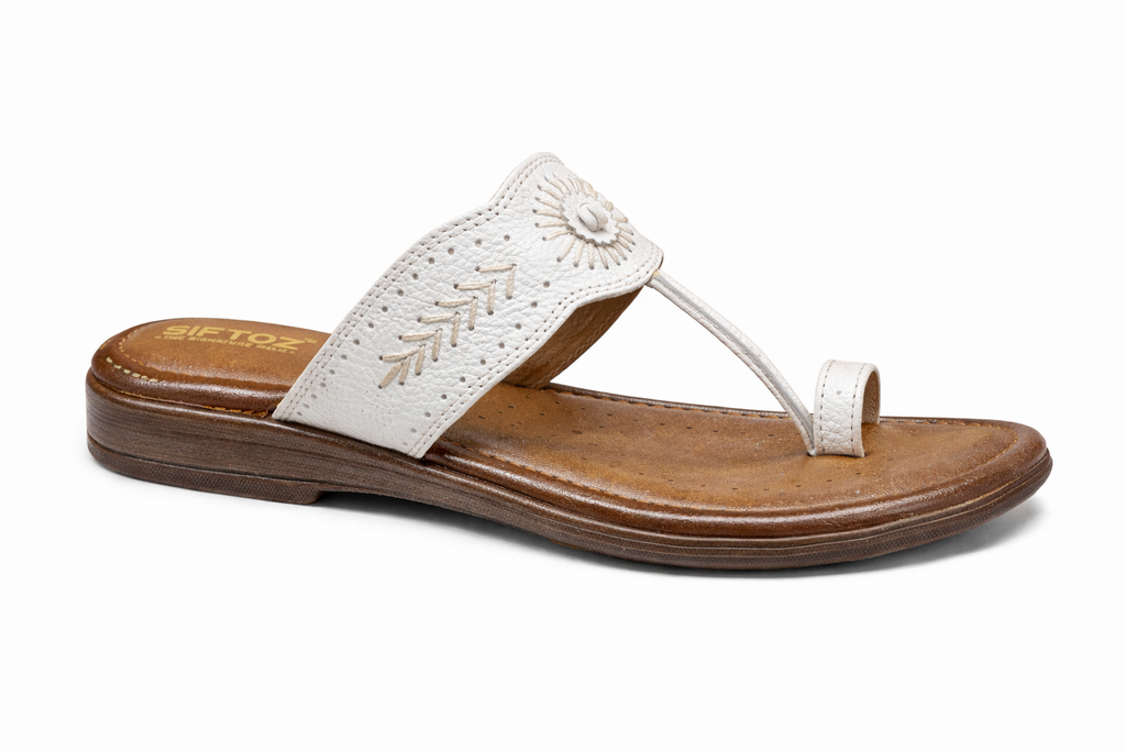 Women’s White Embroidered Toe-Ring Comfort Sandal with Cushioned Footbed