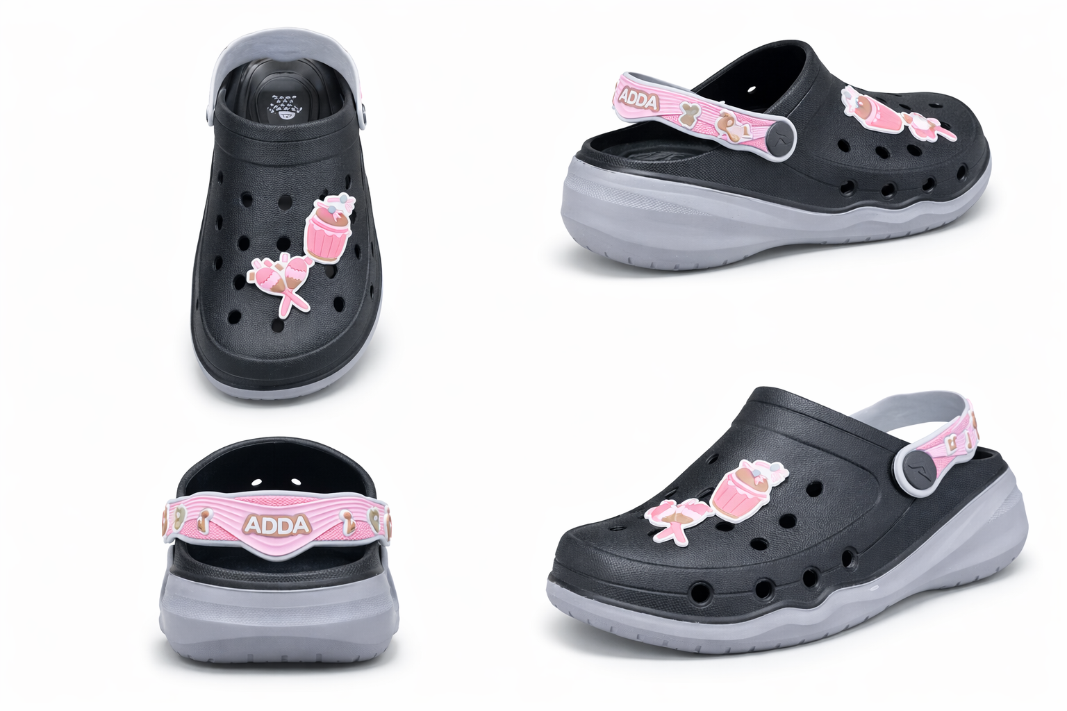 Girls Stylish Black Garden Clogs with Pink Strap and Fun Charm Decorations