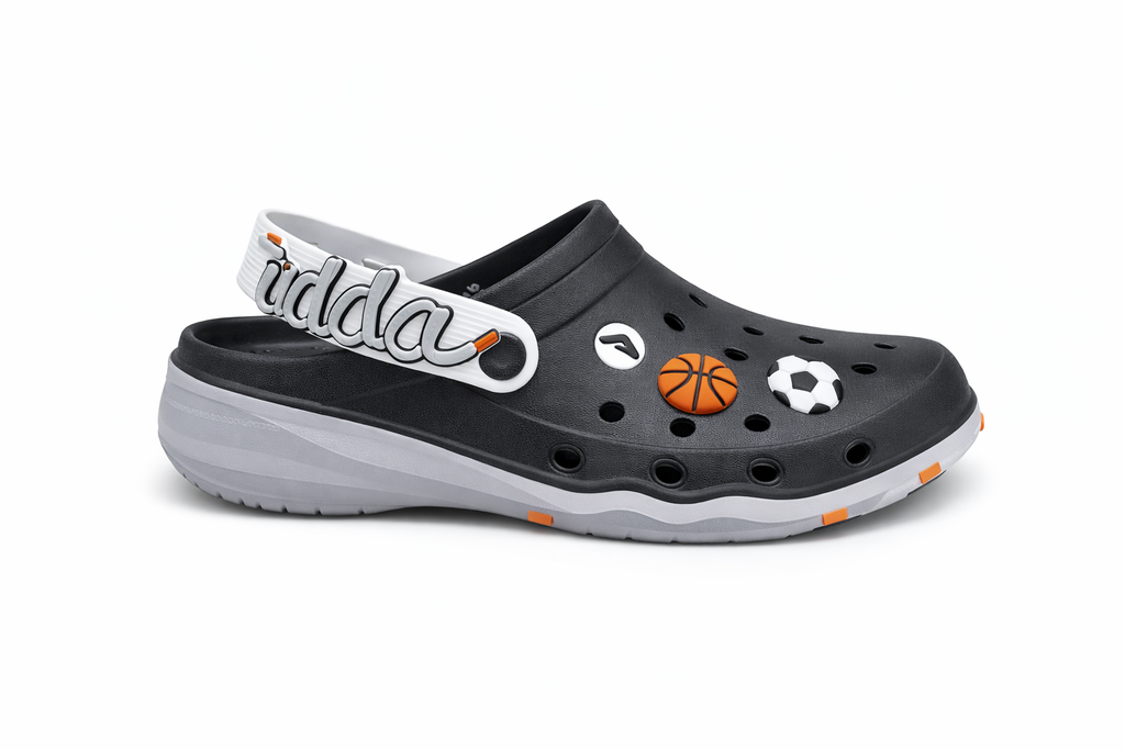 Kids Lightweight Black Clogs with Sports Charms – Basketball & Football Design