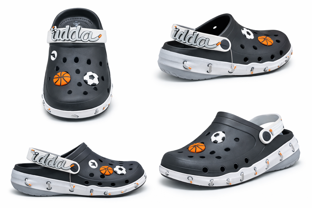 Kids Lightweight Black Clogs with Sports Charms – Basketball & Football Design