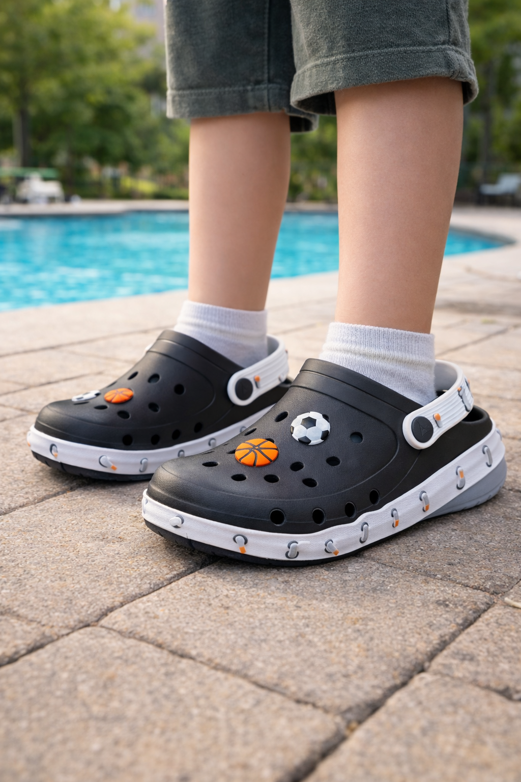 Kids Lightweight Black Clogs with Sports Charms – Basketball & Football Design