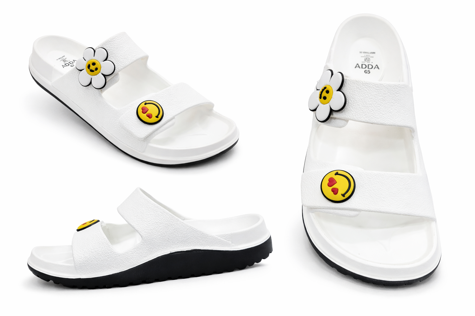 Cute White Emoji & Daisy Women Comfort Slide Sandals