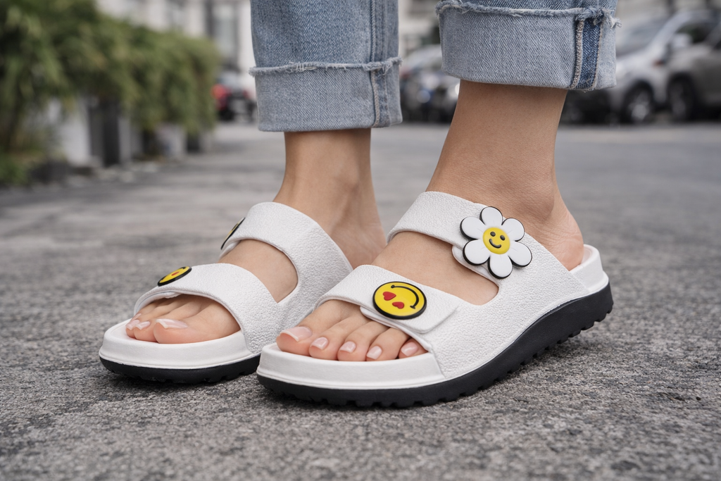 Cute White Emoji & Daisy Women Comfort Slide Sandals