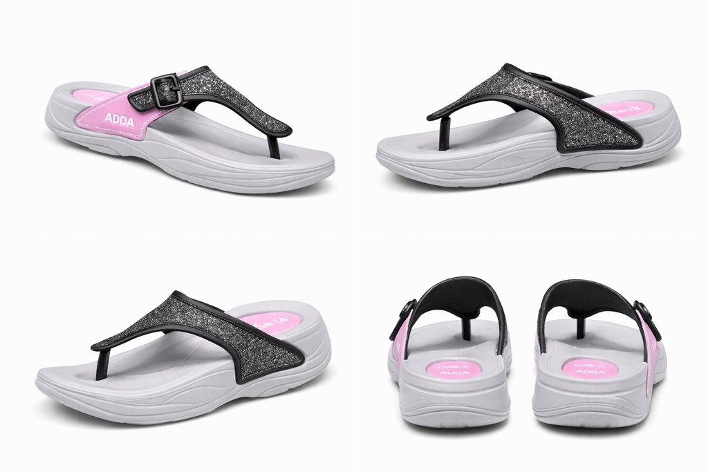 ADDA Women’s Comfort Flip Flops with Glitter Strap & Adjustable Buckle – Grey & Pink