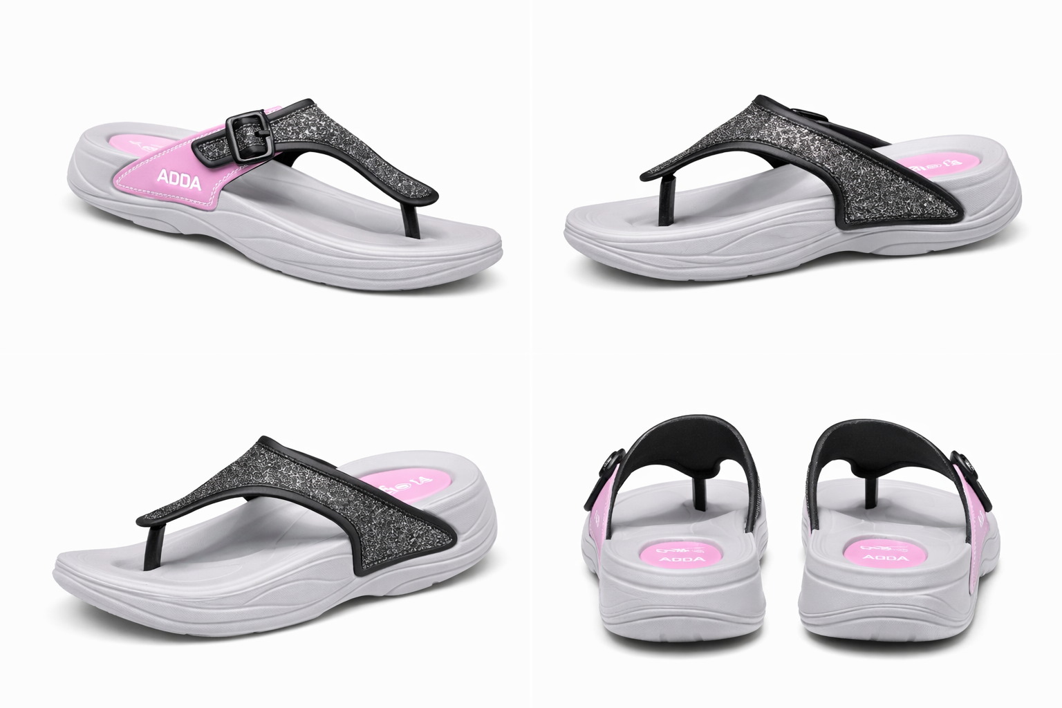 ADDA Women’s Comfort Flip Flops with Glitter Strap & Adjustable Buckle – Grey & Pink