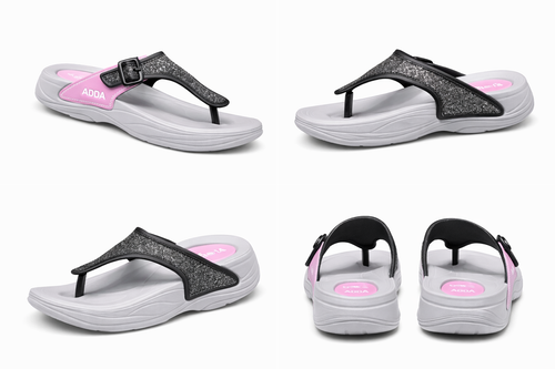 ADDA Women’s Comfort Flip Flops with Glitter Strap & Adjustable Buckle – Grey & Pink