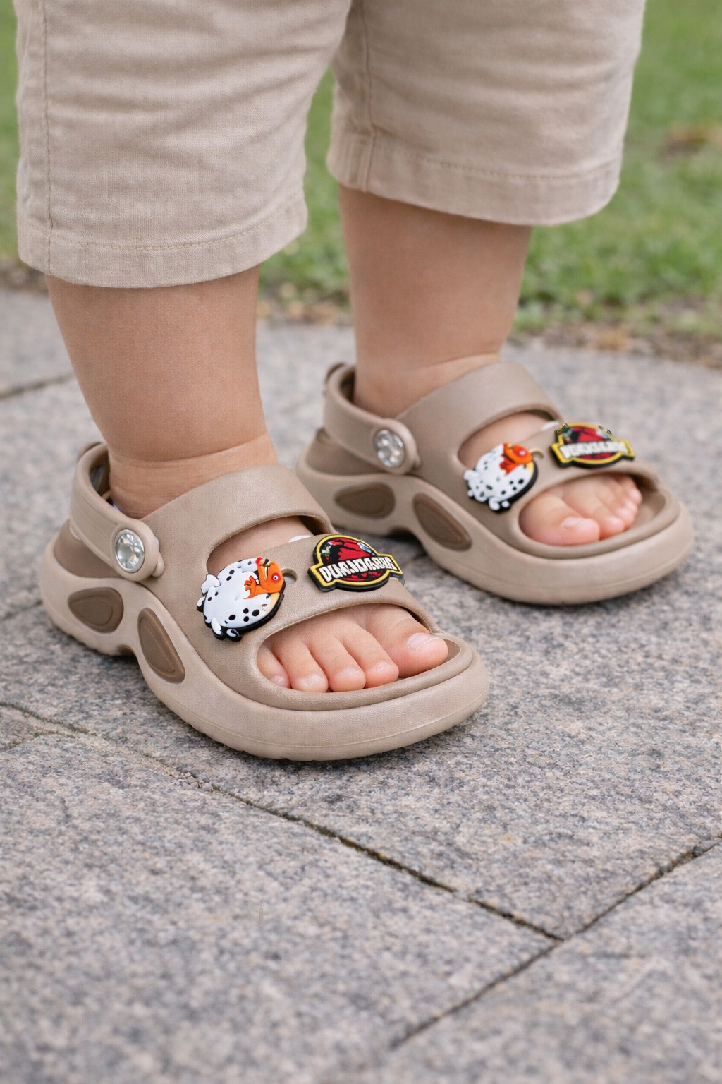 Kids Cartoon Charm Sandals – Soft Lightweight Anti-Slip Baby Clogs (Beige)