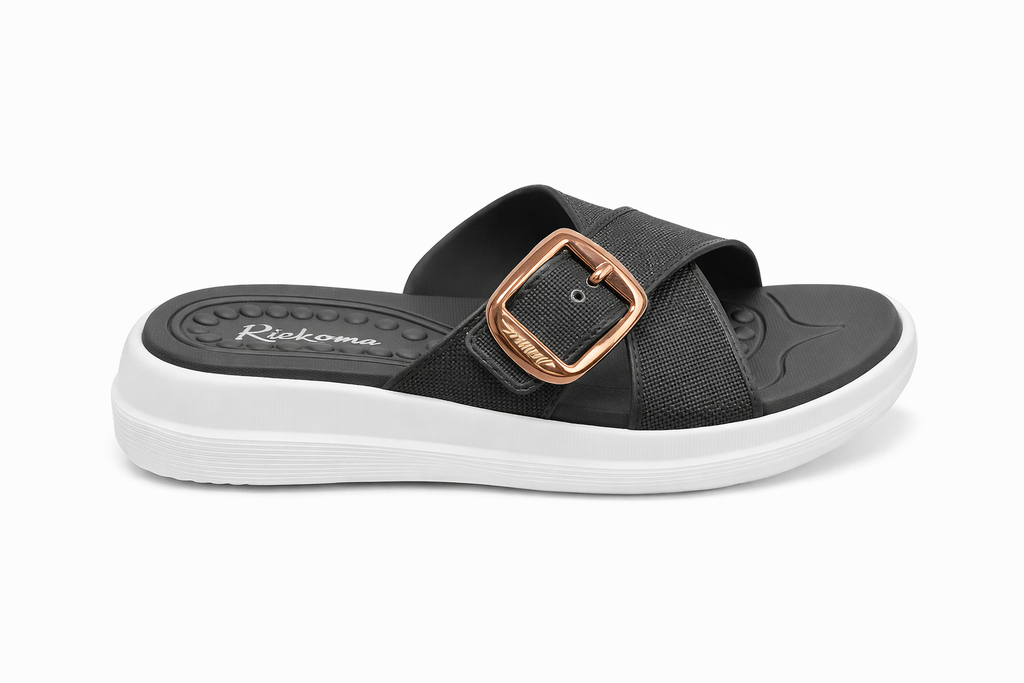 Women’s Black Casual Comfort Slide Sandal | Adjustable Buckle | Lightweight Sole