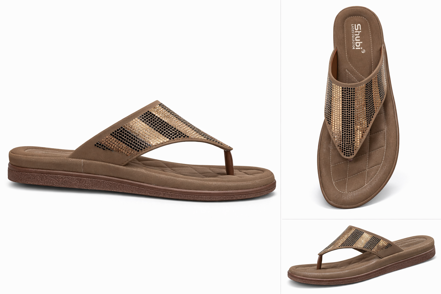 Ladies  Comfort Flip Flop Sandal with Shiny Metallic Strap
