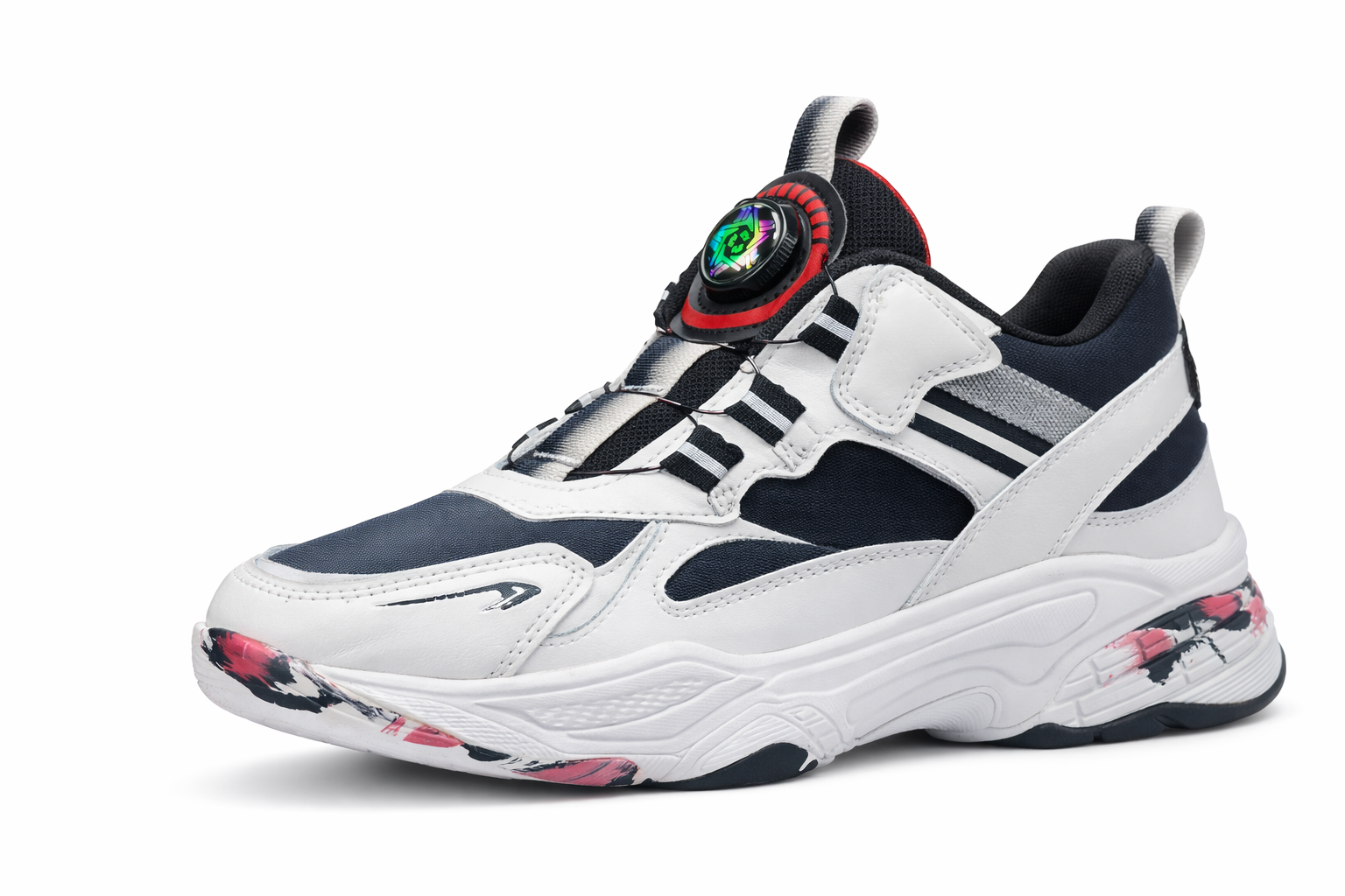 Kids Sport Sneakers with Dial Lock Lacing – White & Navy