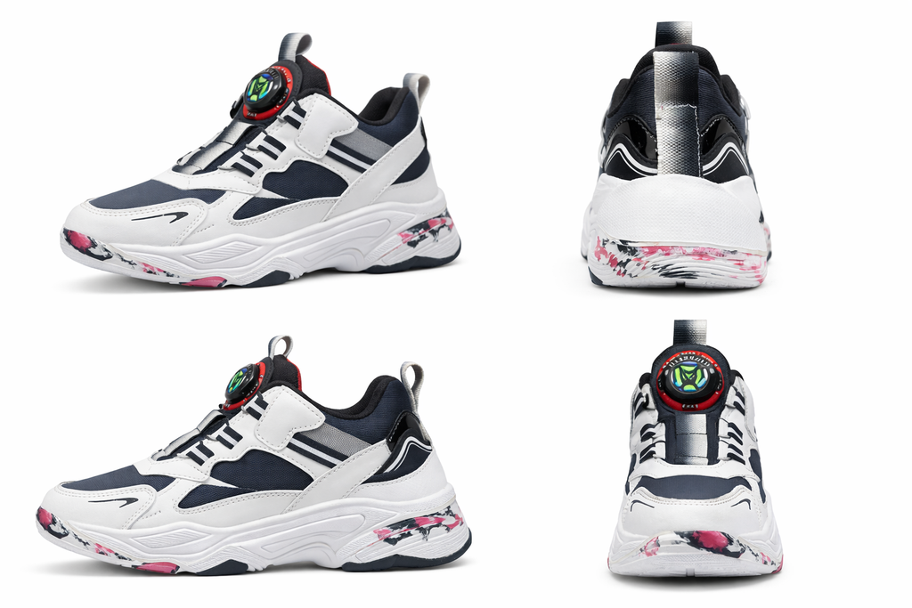 Kids Sport Sneakers with Dial Lock Lacing – White & Navy