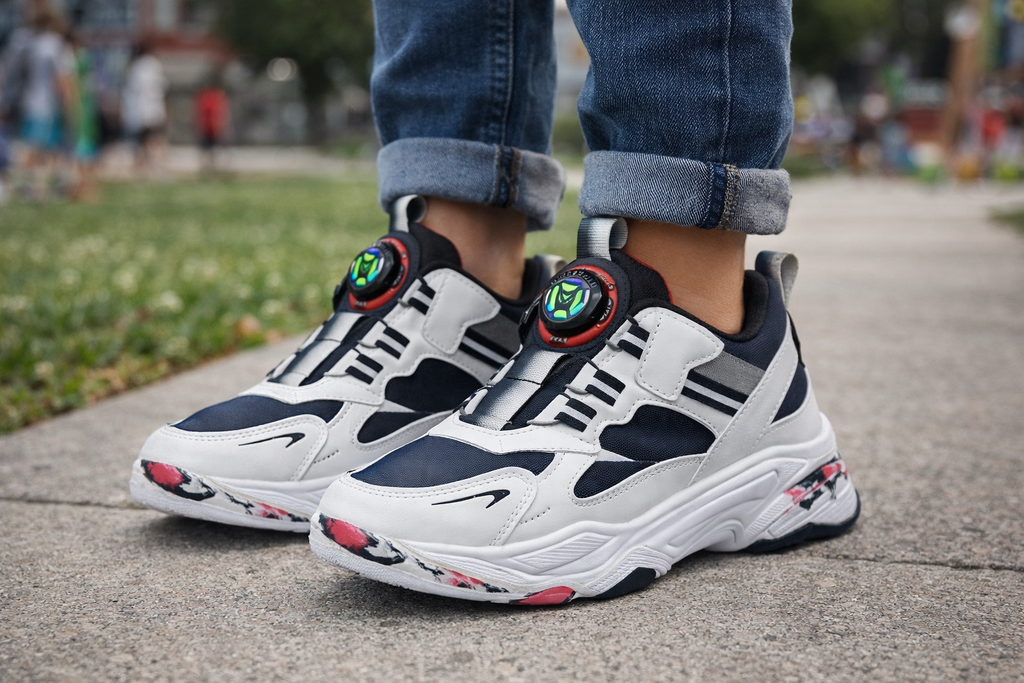 Kids Sport Sneakers with Dial Lock Lacing – White & Navy