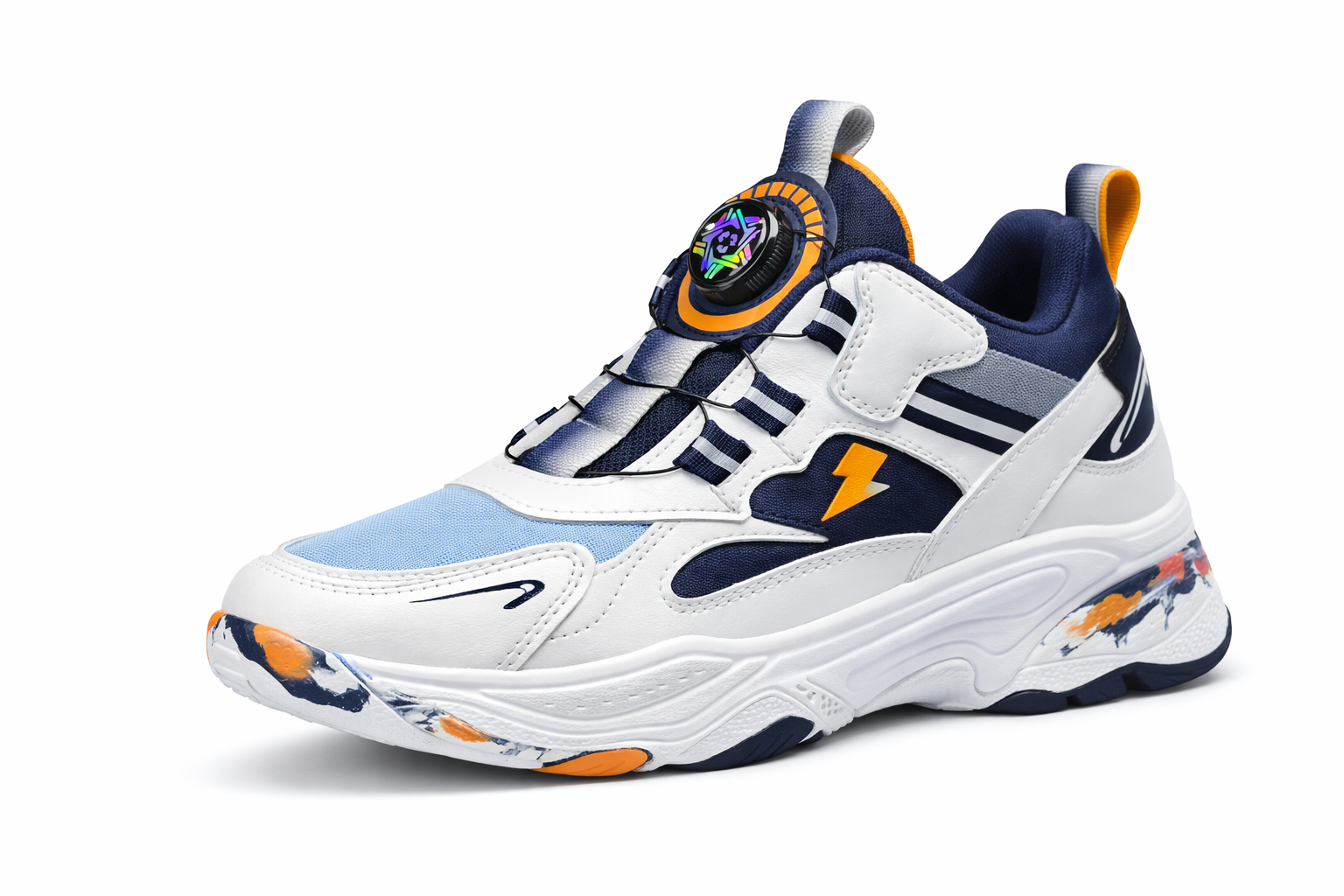 Boys Lightning Dial Lock Sports Sneakers – White Blue Orange
