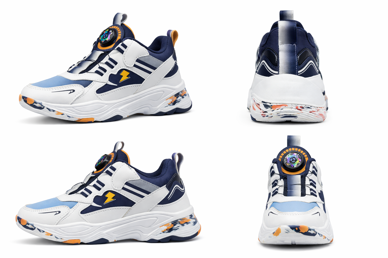 Boys Lightning Dial Lock Sports Sneakers – White Blue Orange