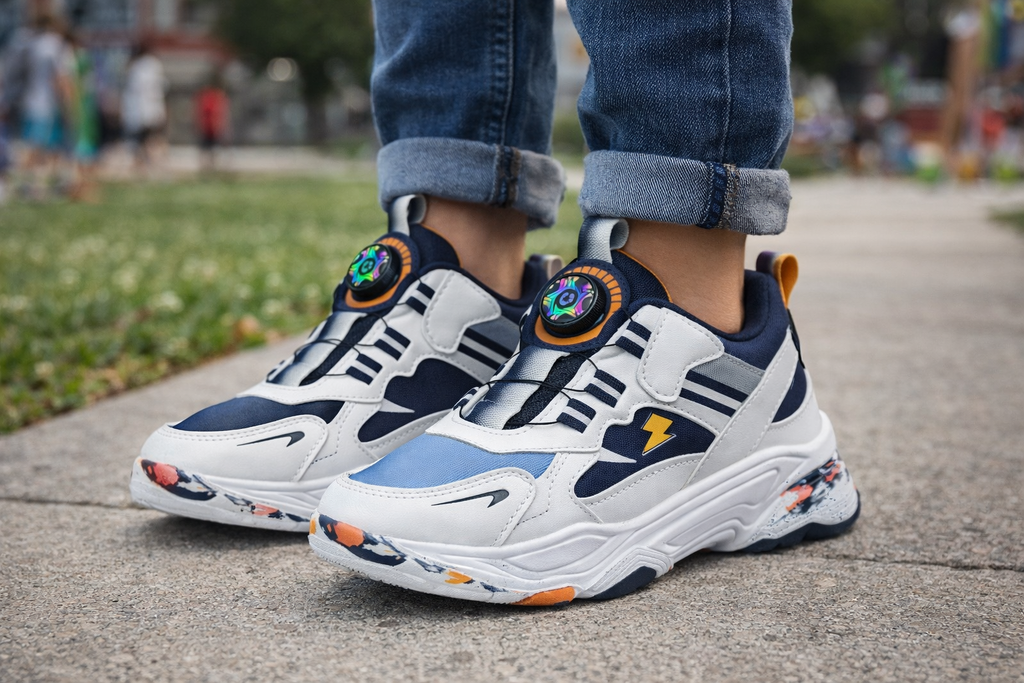 Boys Lightning Dial Lock Sports Sneakers – White Blue Orange