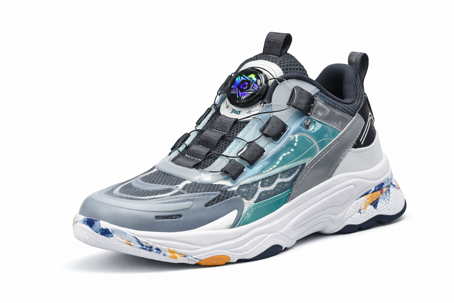 Kids Trendy Dial Lock Running Sneakers – Grey Teal Comfort Sports Shoes