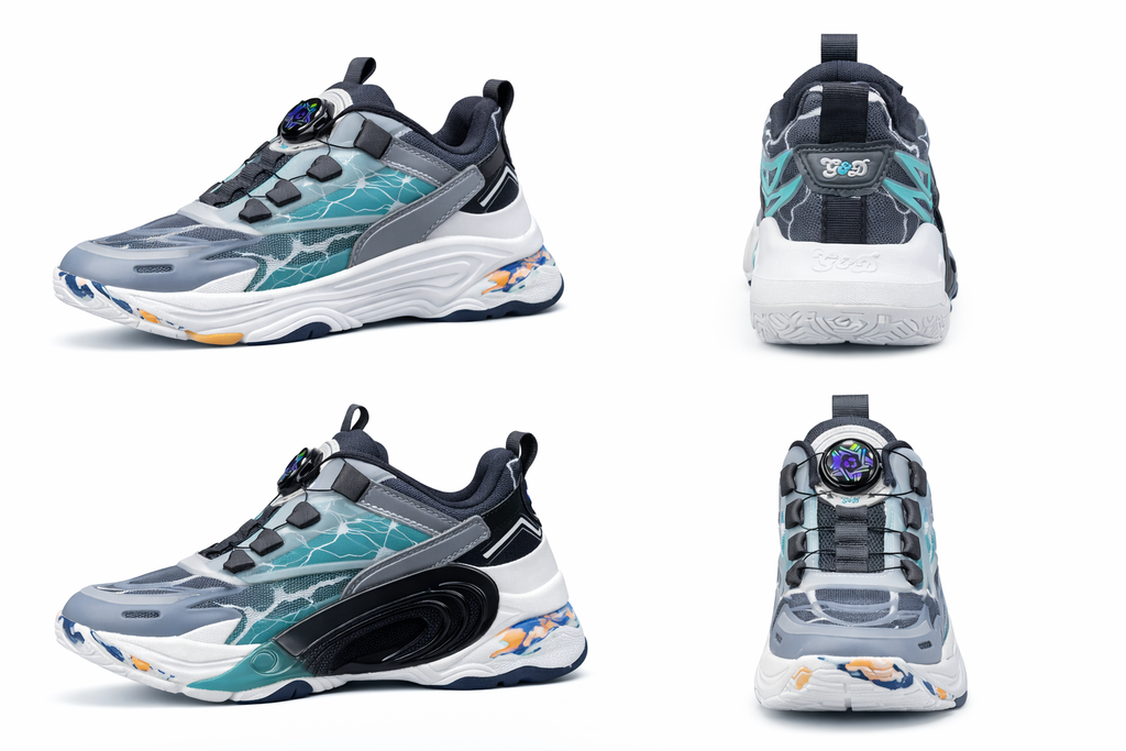 Kids Trendy Dial Lock Running Sneakers – Grey Teal Comfort Sports Shoes