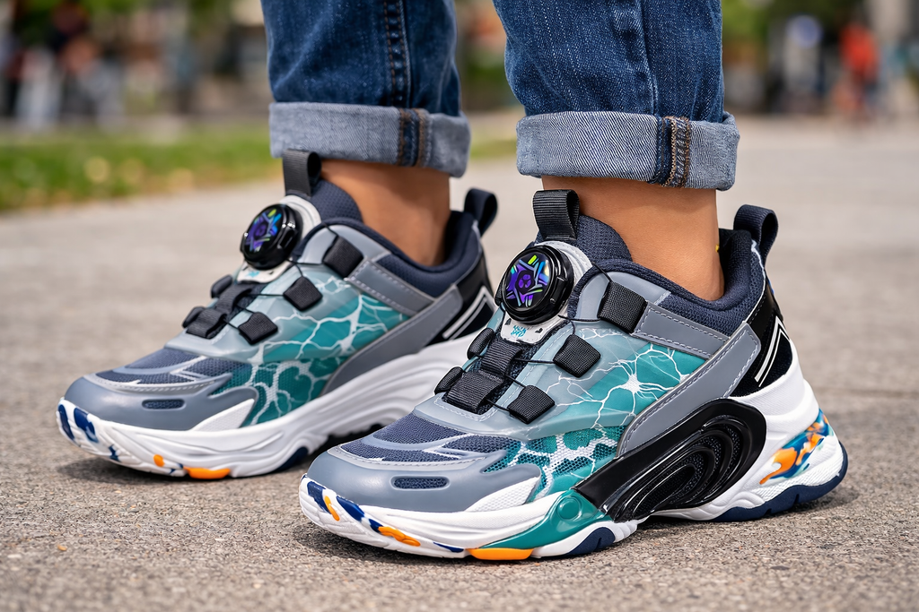 Kids Trendy Dial Lock Running Sneakers – Grey Teal Comfort Sports Shoes