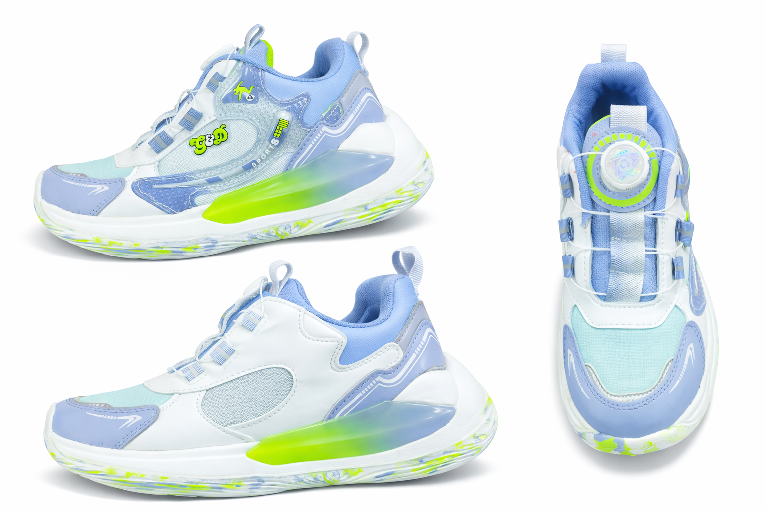 Light Blue & Neon Green Sports Sneakers with Dial Lace – Lightweight Stylish Casual Shoes