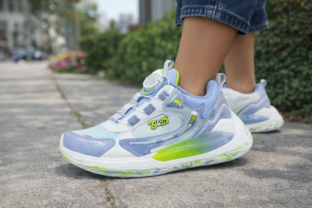 Light Blue & Neon Green Sports Sneakers with Dial Lace – Lightweight Stylish Casual Shoes
