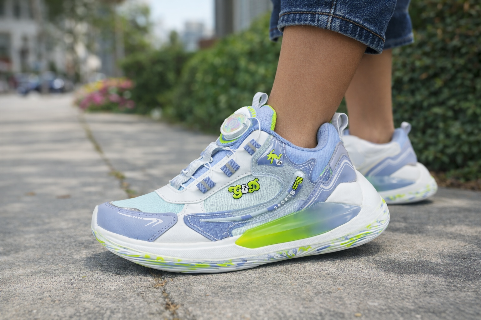 Light Blue & Neon Green Sports Sneakers with Dial Lace – Lightweight Stylish Casual Shoes