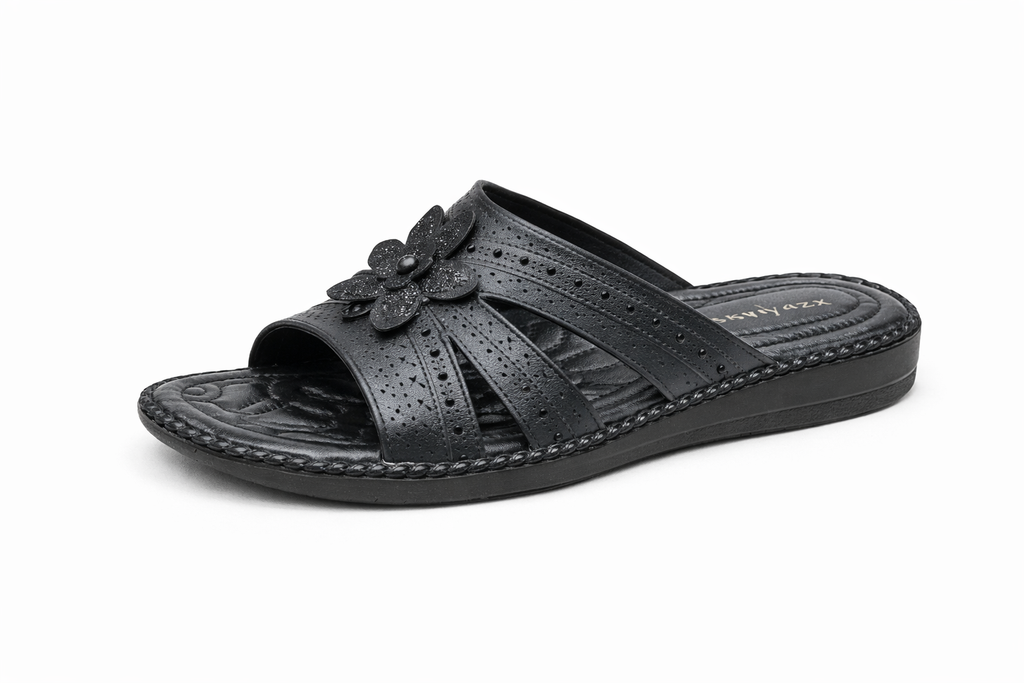 Women’s Black Floral Comfort Flat Heel Slip-On Sandals