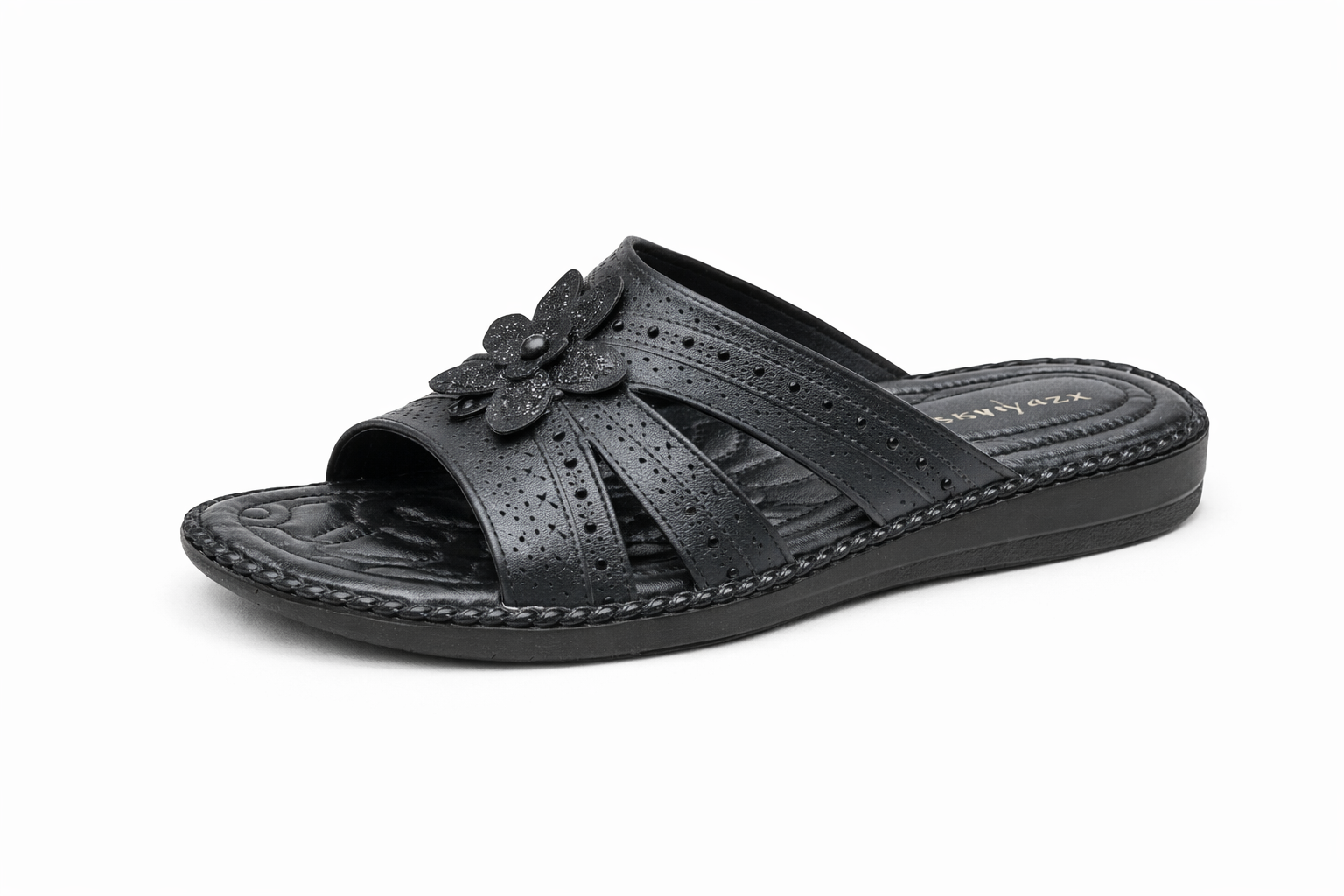 Women’s Black Floral Comfort Flat Heel Slip-On Sandals