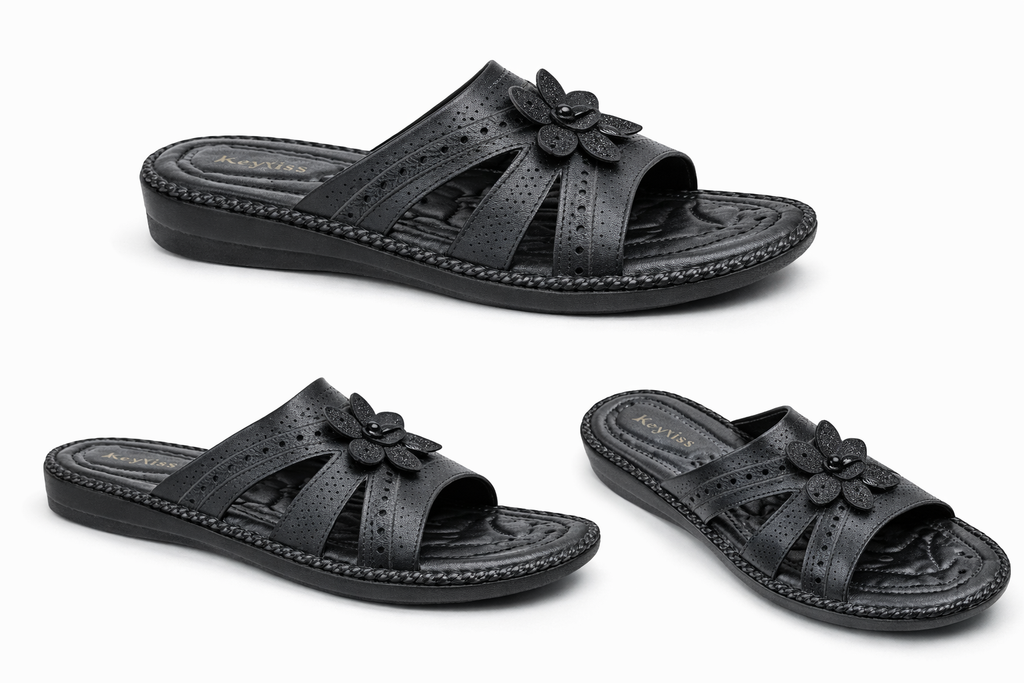 Women’s Black Floral Comfort Flat Heel Slip-On Sandals