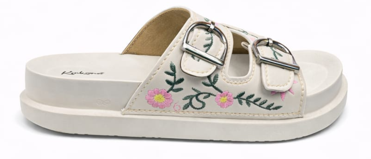 Floral Embroidered Double Buckle Comfort Sliders