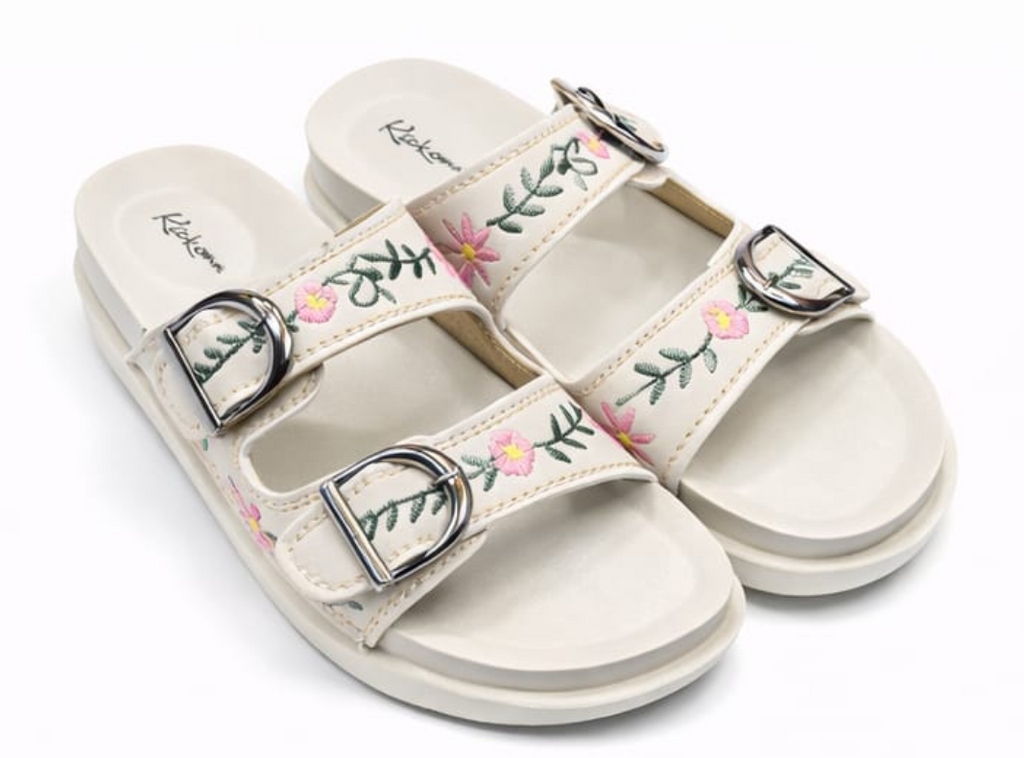 Floral Embroidered Double Buckle Comfort Sliders