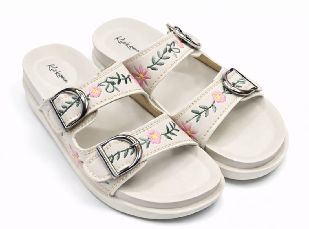 Floral Embroidered Double Buckle Comfort Sliders