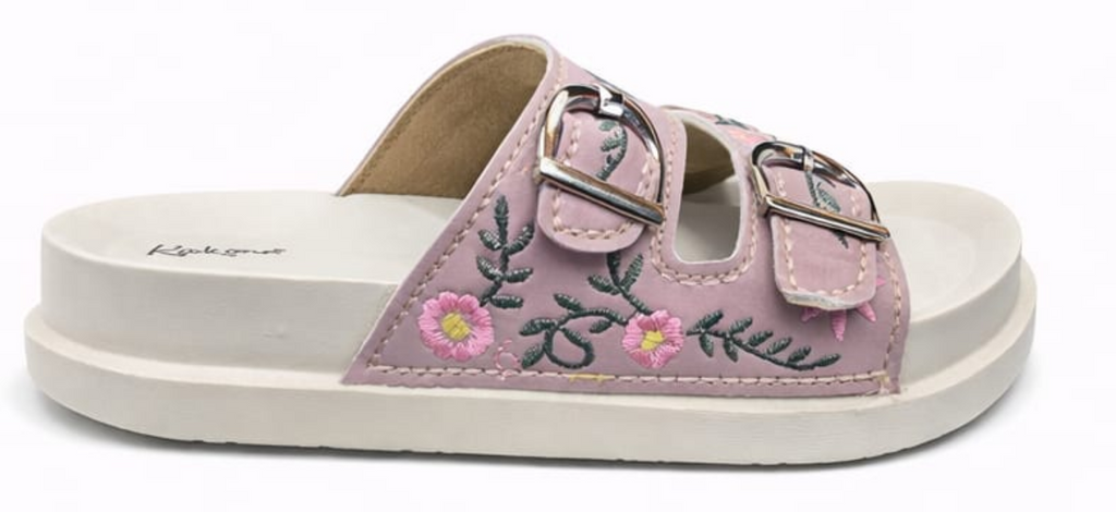 Floral Embroidered Double Buckle Comfort Sliders