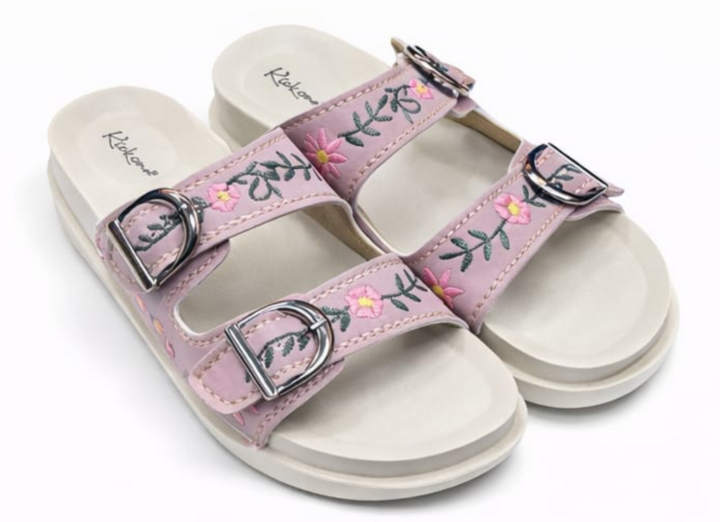 Floral Embroidered Double Buckle Comfort Sliders