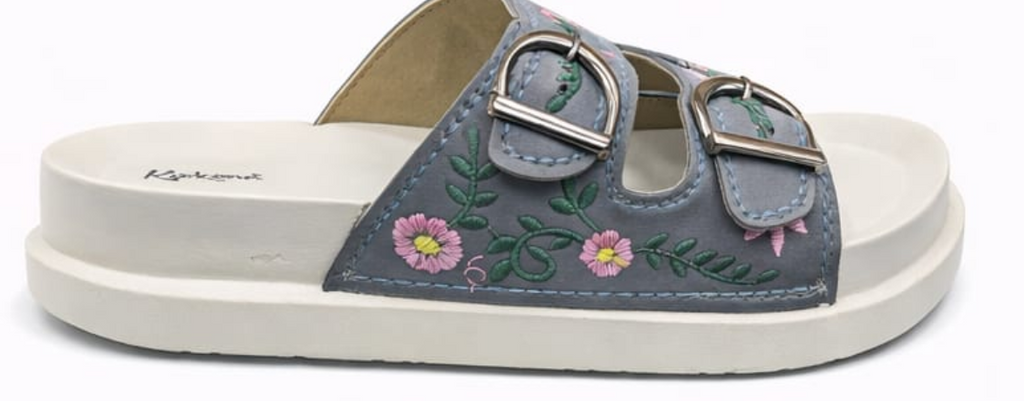Floral Embroidered Double Buckle Comfort Sliders