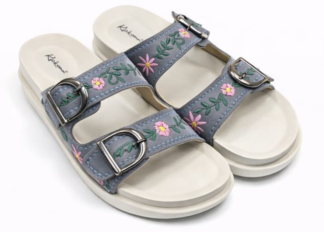 Floral Embroidered Double Buckle Comfort Sliders