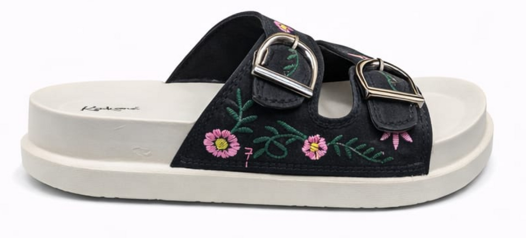 Floral Embroidered Double Buckle Comfort Sliders