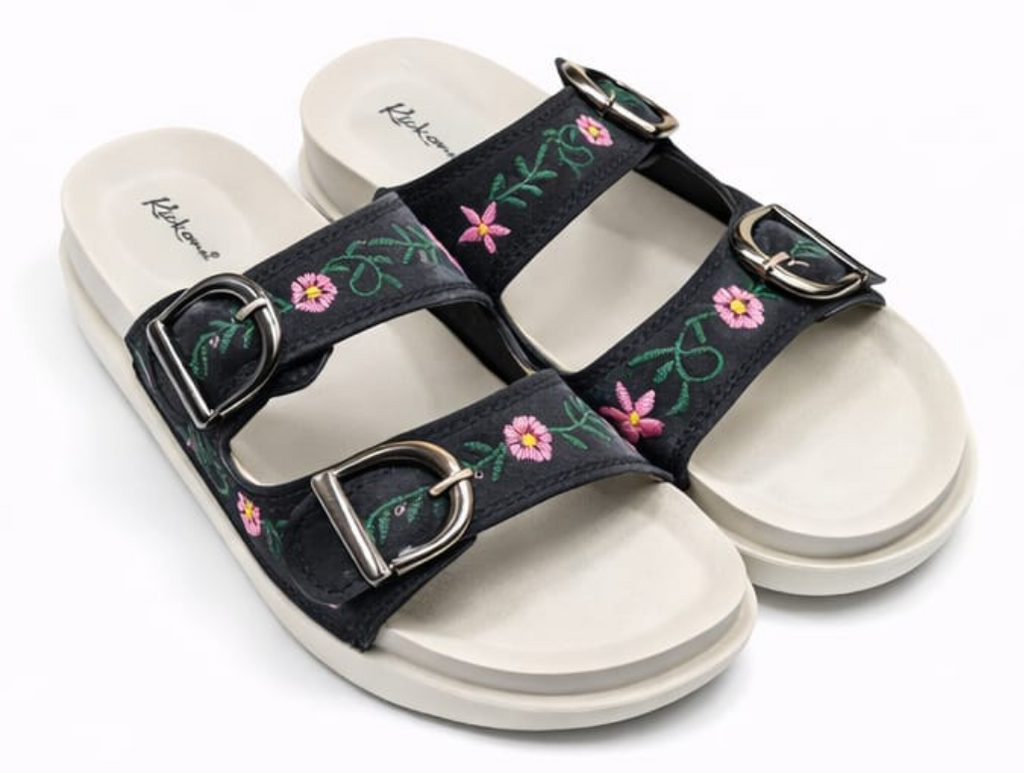 Floral Embroidered Double Buckle Comfort Sliders