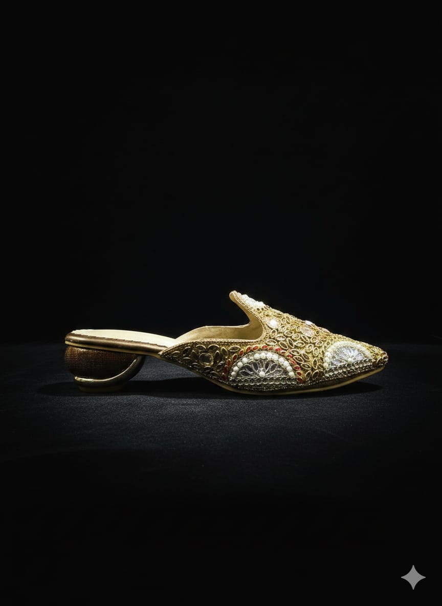 women’s golden ethnic heels