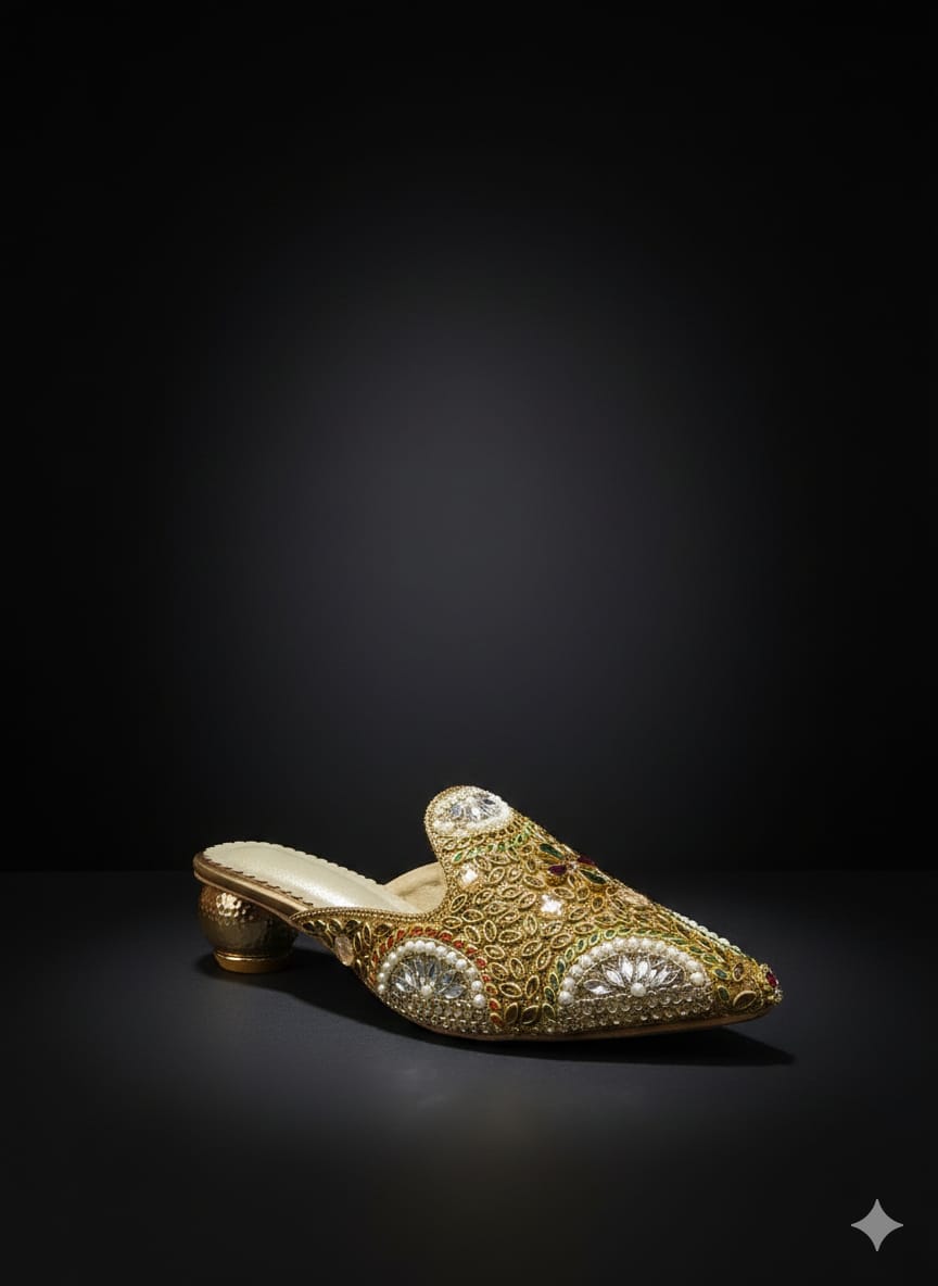 women’s golden ethnic heels