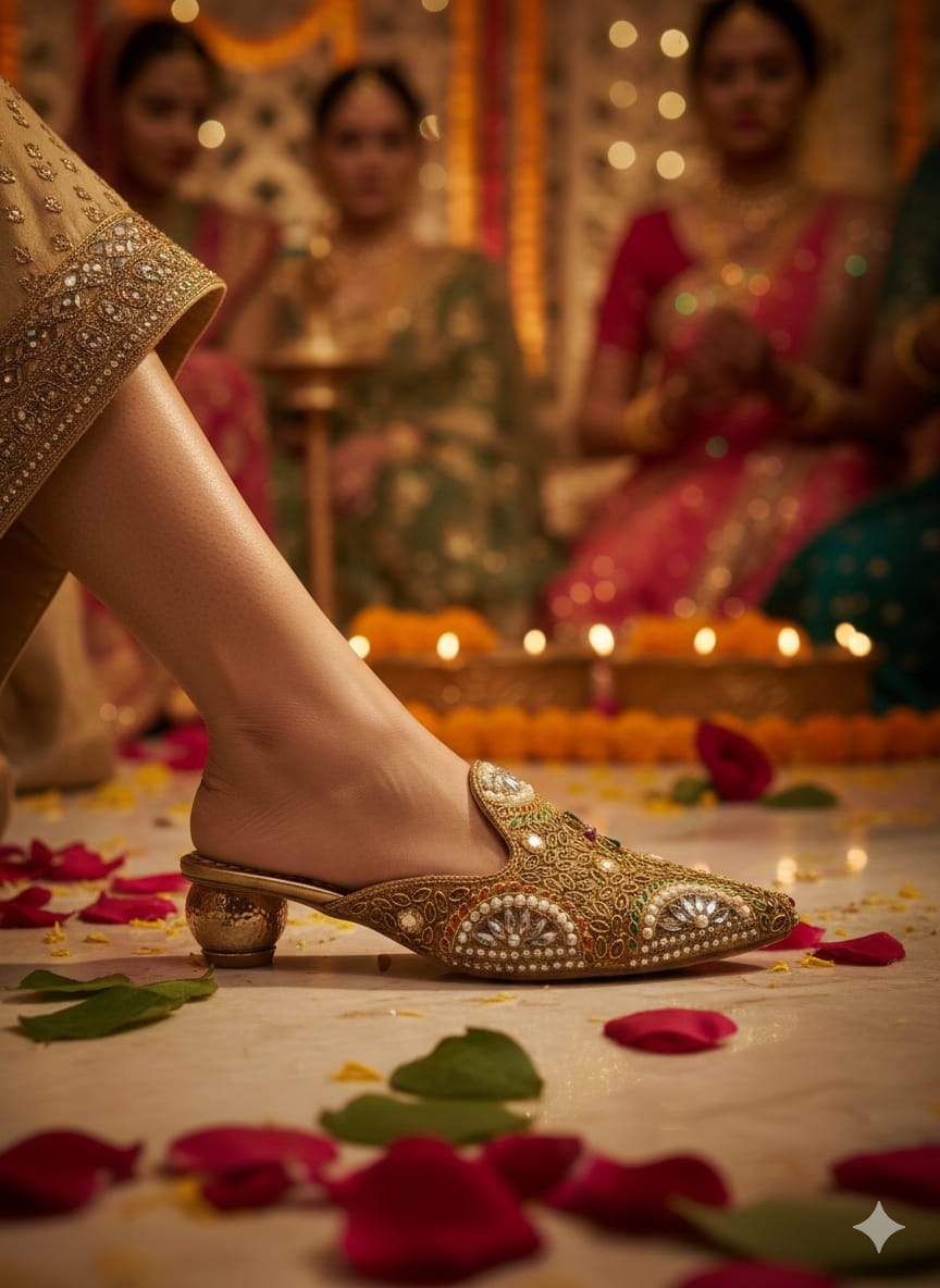 women’s golden ethnic heels