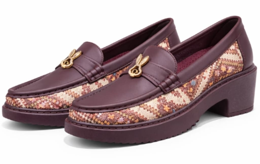 Women’s Stylish Block-Heel Loafers with Printed Fabric Panels