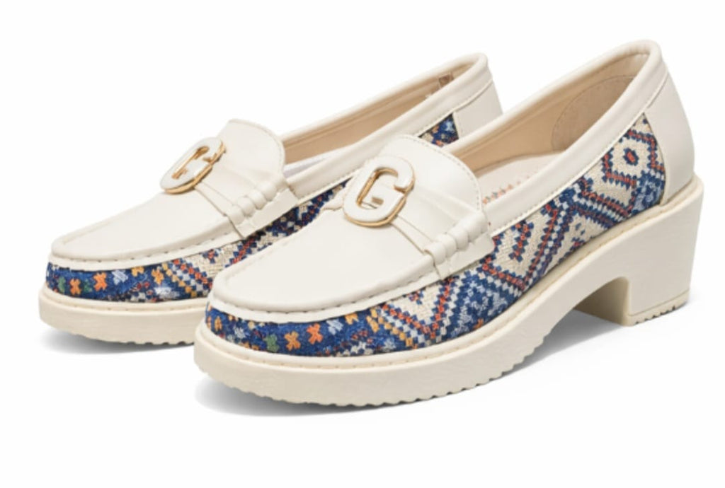 Women’s Stylish Block-Heel Loafers with Printed Fabric Panels