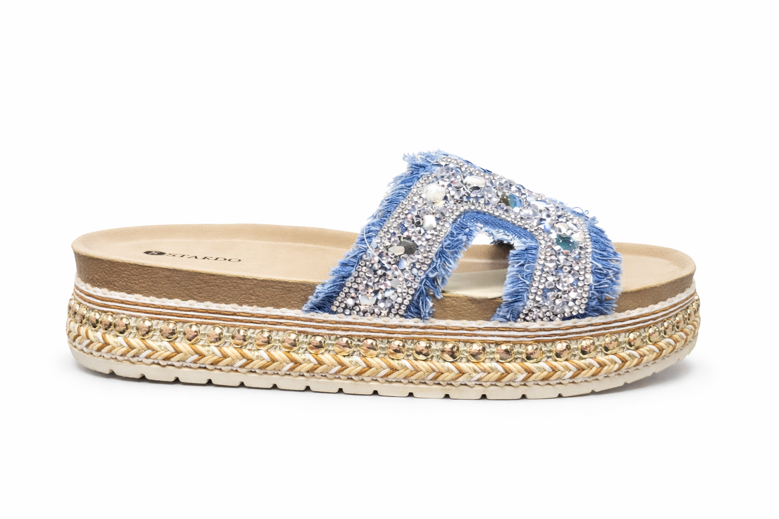 Women’s Blue Denim Rhinestone Platform Slide Sandals – Fashion Casual Comfort Slippers