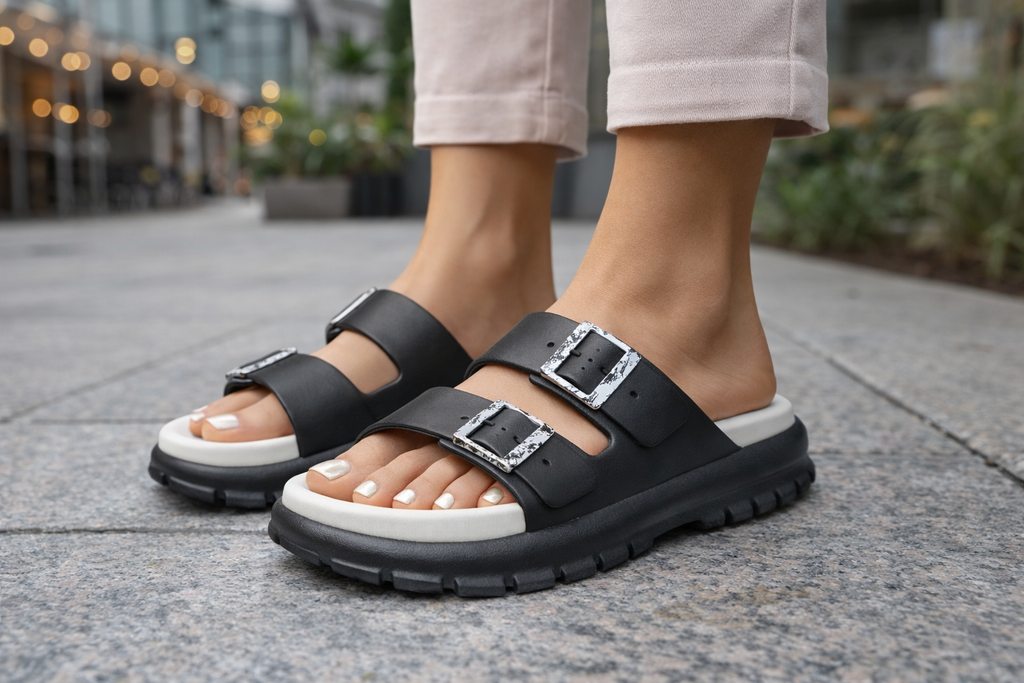 Women’s Stylish Double Buckle Casual Slide Sandals – Lightweight Comfort Soft Footbed Daily Wear Slippers (Black)