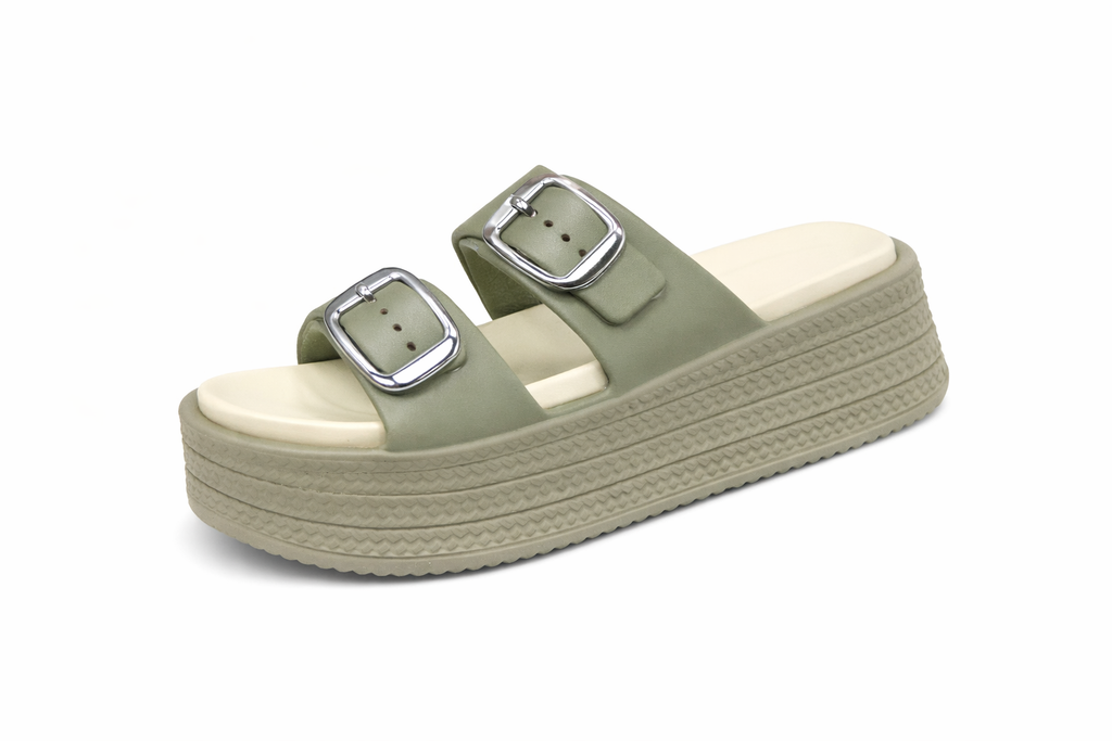 Women's Olive Green Double Buckle Platform Comfort Slides