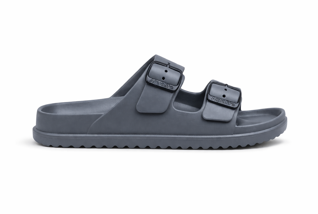 Women’s Grey Comfort Slides with Adjustable Double Buckle