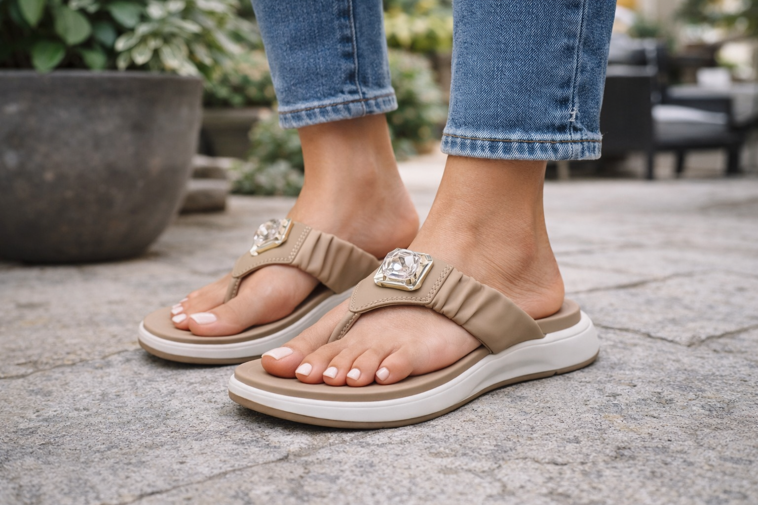 Women's Stylish Black Comfort Flip-Flop Sandals with Crystal Buckle